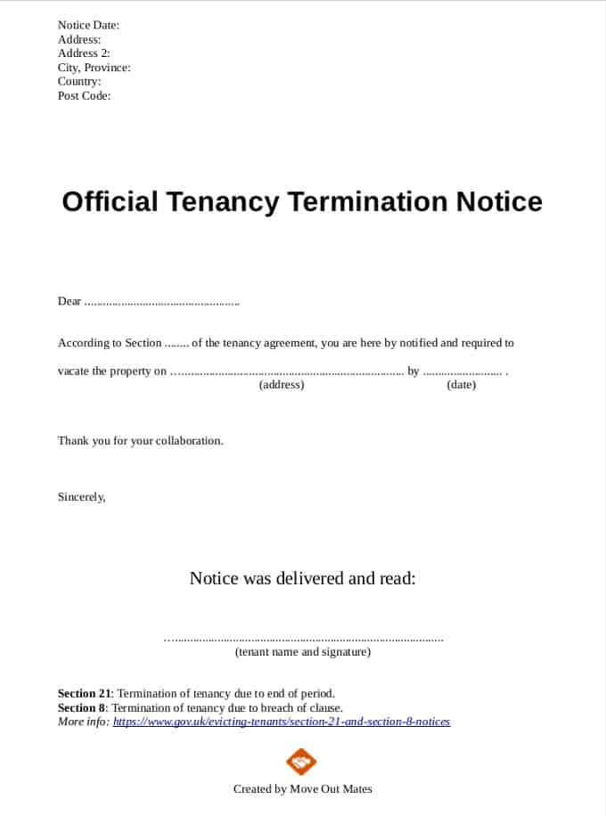 End Of Tenancy Termination Notice